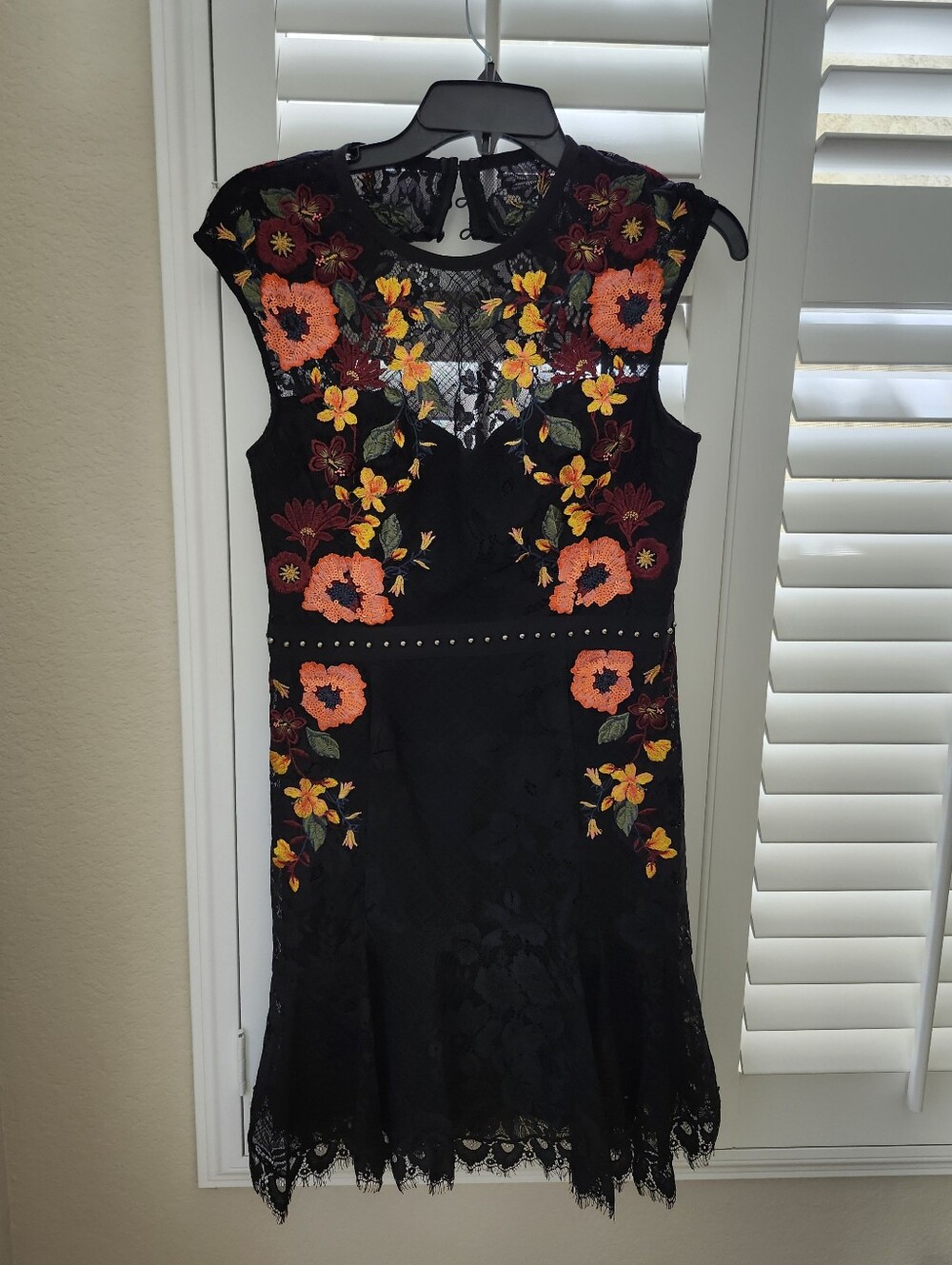 Karen Millen Black Lace Dress with Orange and Yellow Floral Embroidery